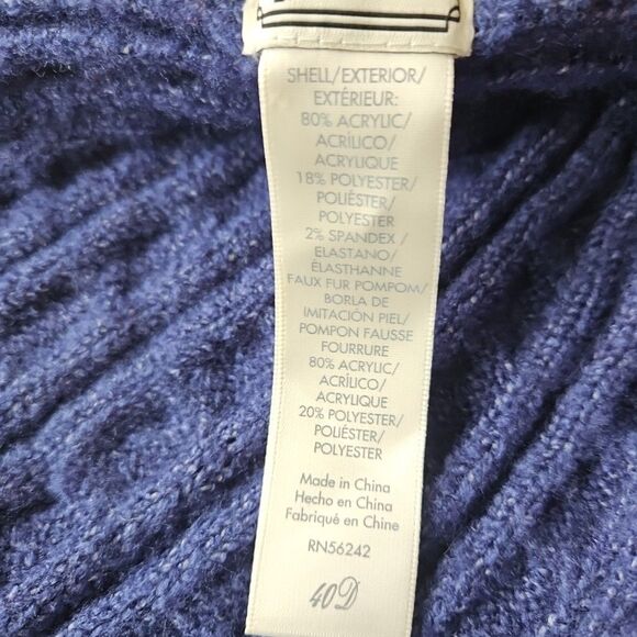 Frye & Co Scarf Deep Blue Cable Knit Faux Fur Pom Whimsy Preppy School - Picture 8 of 8